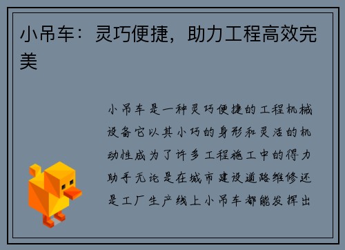 小吊车：灵巧便捷，助力工程高效完美