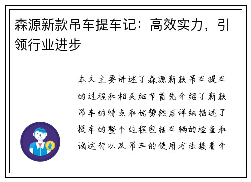 森源新款吊车提车记：高效实力，引领行业进步