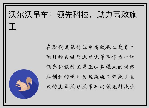 沃尔沃吊车：领先科技，助力高效施工